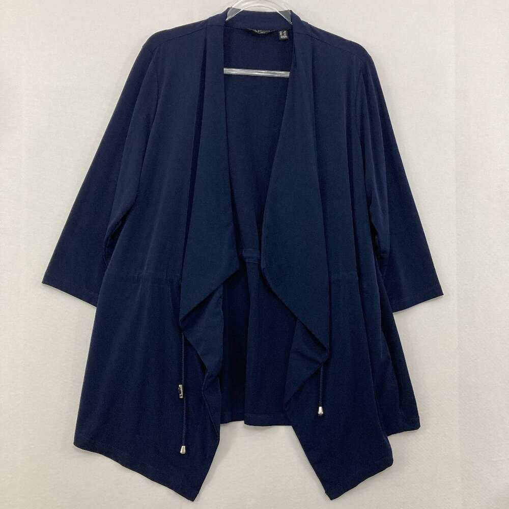Susan Graver size 1X Navy Open Draped Stretch Liquid Knit Jacket Preppy Office